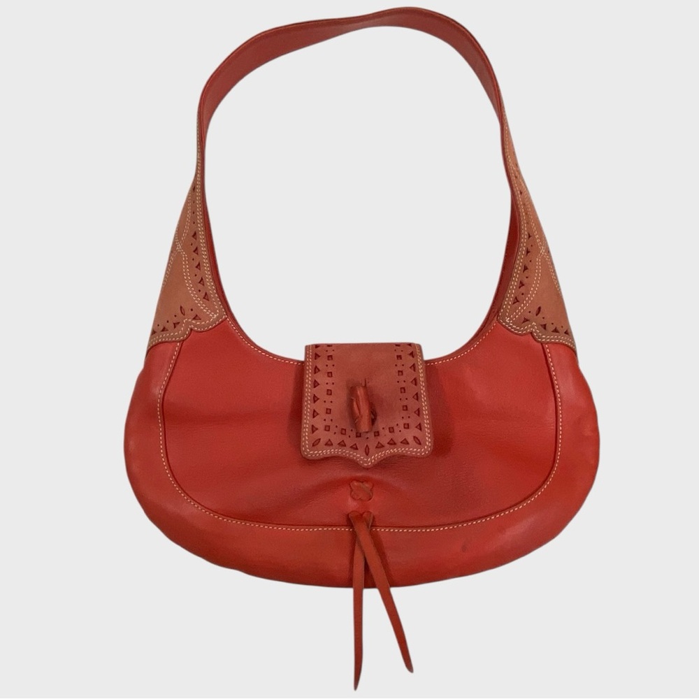 LOEWE Y2K Red Coral Leather Suede Die Cut Half Moon Shoulder Bag